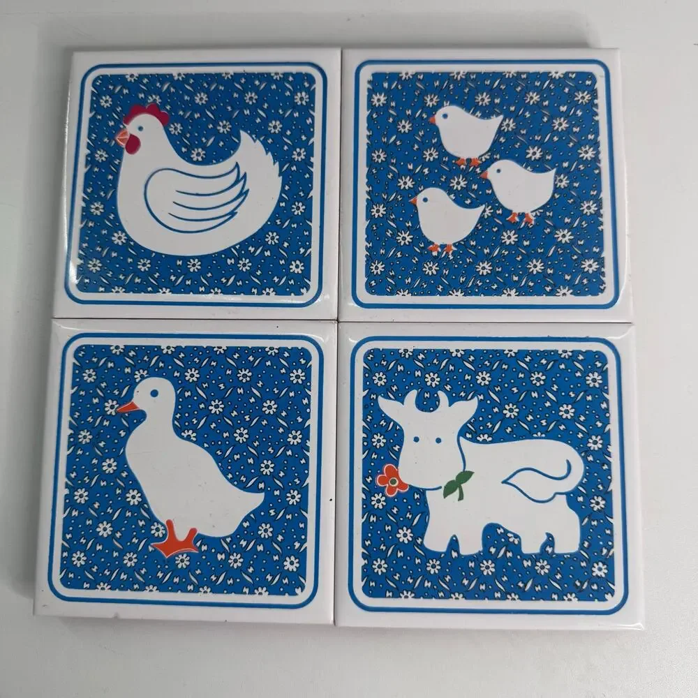 Tile Trivet Set Of 4 Vintage Coasters Ceramic Farm Animals Pig-Cow-Chicken-Duck